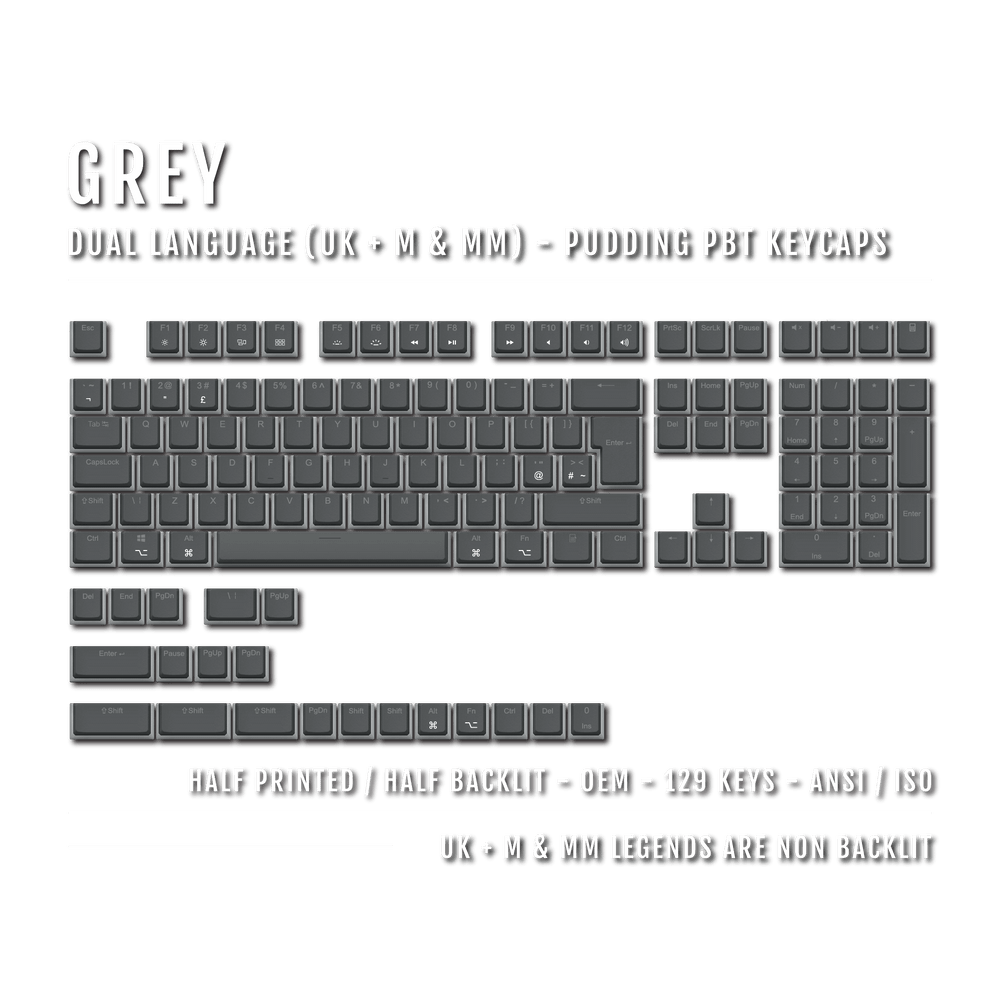 Grey UK & Mac/Multimedia Dual Language PBT Pudding Keycaps Krome Keycaps LTD Mac & Multimedia Pudding