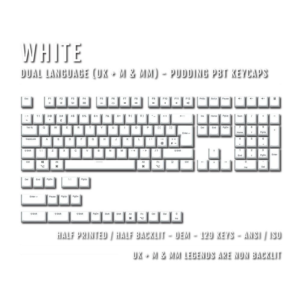 White UK & Mac/Multimedia Dual Language PBT Pudding Keycaps Krome Keycaps LTD Mac & Multimedia Pudding