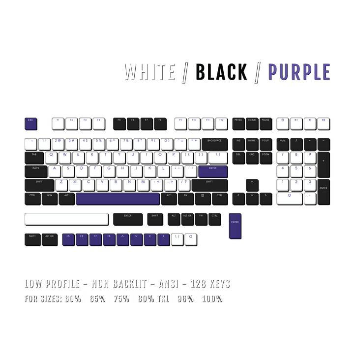 White/Black/Purple Low Profile PBT Keycaps Krome Keycaps LTD Non Backlit Low Profile