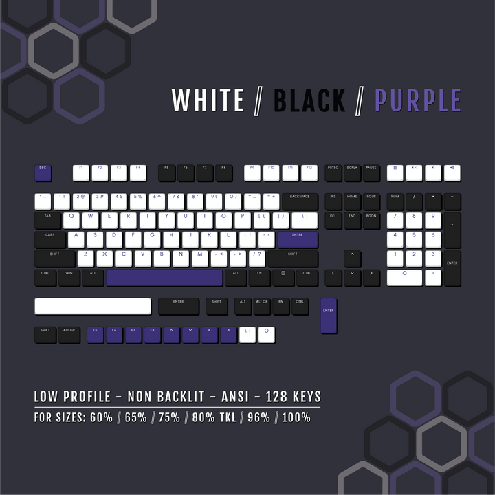 White/Black/Purple Low Profile PBT Keycaps Krome Keycaps LTD Non Backlit Low Profile