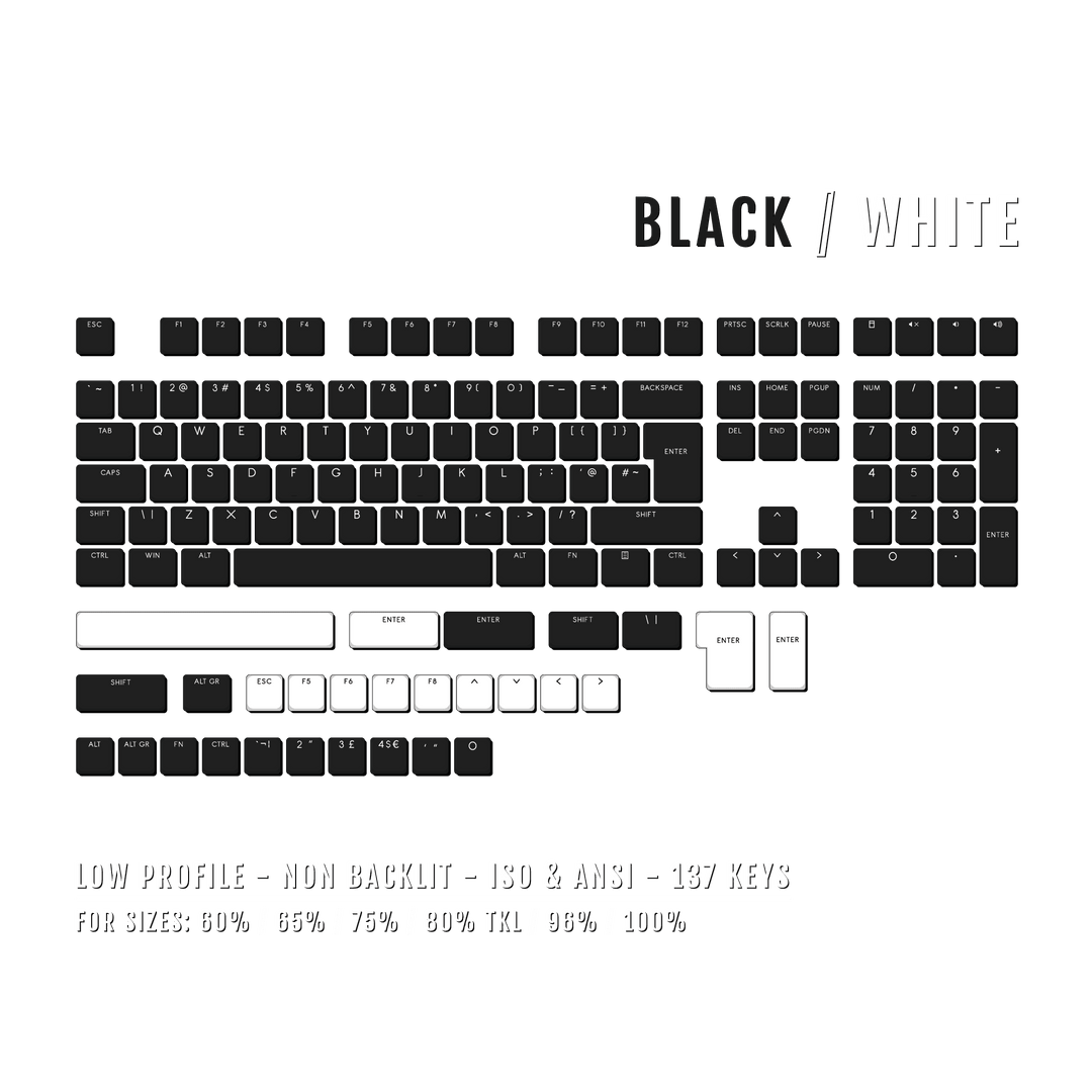 Black/White US & UK Low Profile PBT Keycaps Krome Keycaps LTD Non Backlit Low Profile