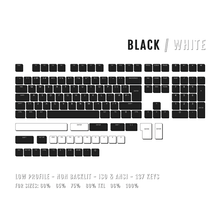 Black/White US & UK Low Profile PBT Keycaps Krome Keycaps LTD Non Backlit Low Profile