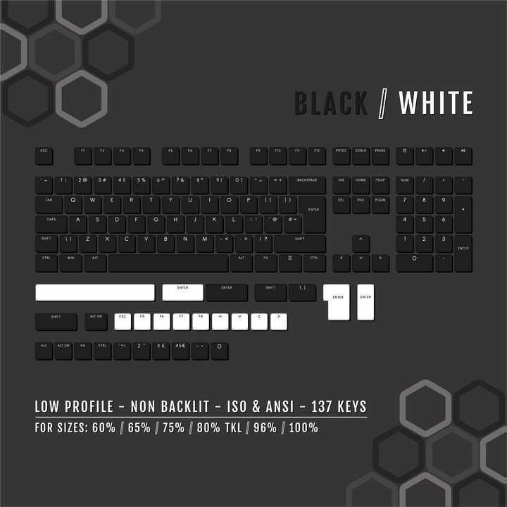 Black/White US & UK Low Profile PBT Keycaps Krome Keycaps LTD Non Backlit Low Profile