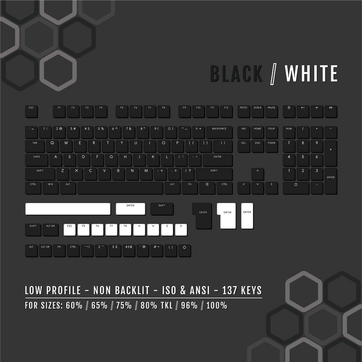 Black/White US & UK Low Profile PBT Keycaps Krome Keycaps LTD Non Backlit Low Profile