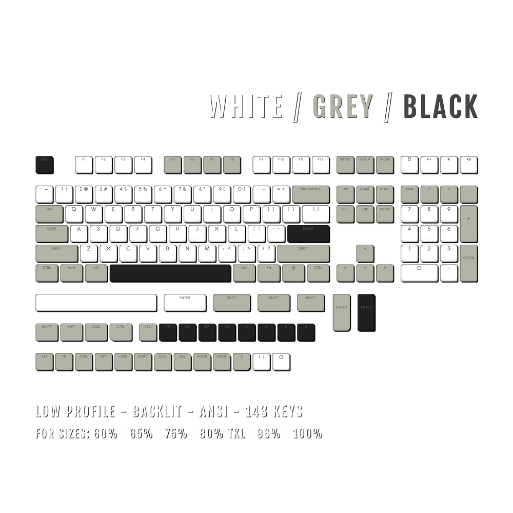 White/Grey/Black Low Profile Backlit PBT Keycaps Krome Keycaps LTD Backlit Low Profile