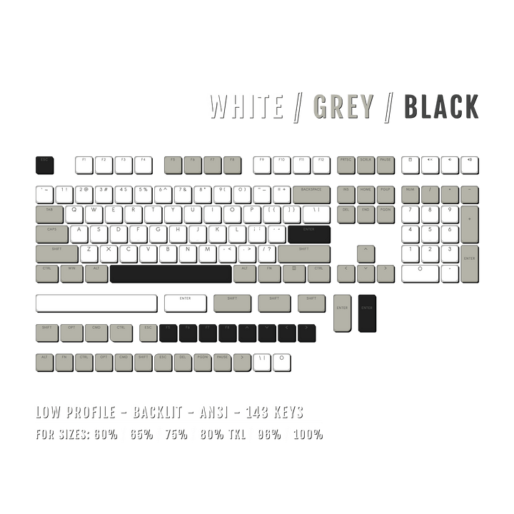 White/Grey/Black Low Profile Backlit PBT Keycaps Krome Keycaps LTD Backlit Low Profile