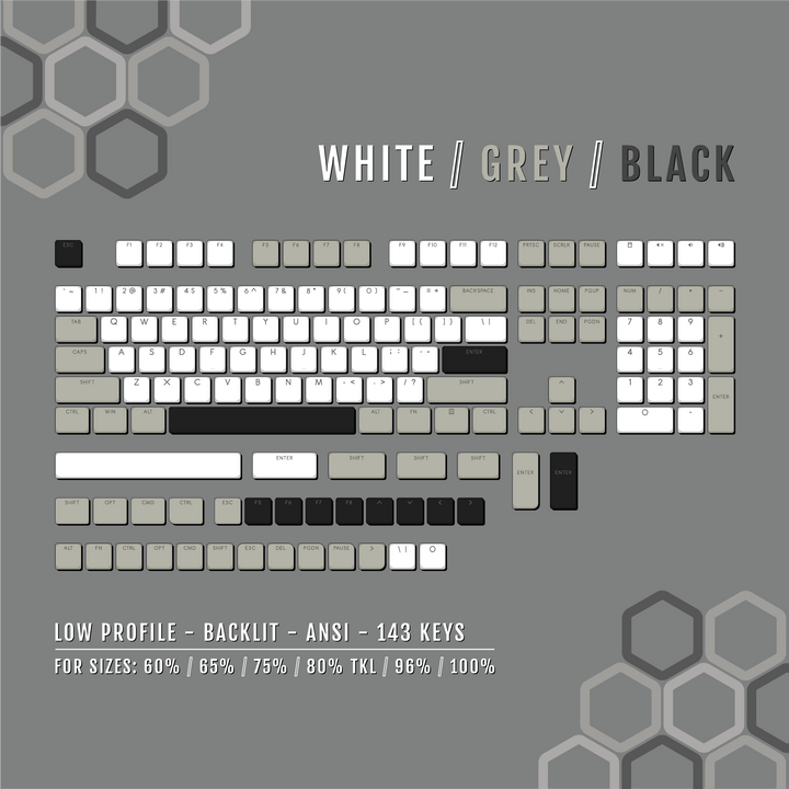 White/Grey/Black Low Profile Backlit PBT Keycaps Krome Keycaps LTD Backlit Low Profile