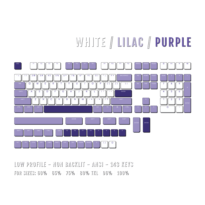 White/Lilac/Purple Low Profile PBT Keycaps Krome Keycaps LTD Non Backlit Low Profile