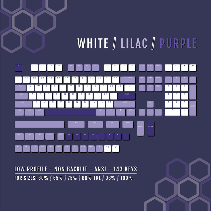 White/Lilac/Purple Low Profile PBT Keycaps Krome Keycaps LTD Non Backlit Low Profile