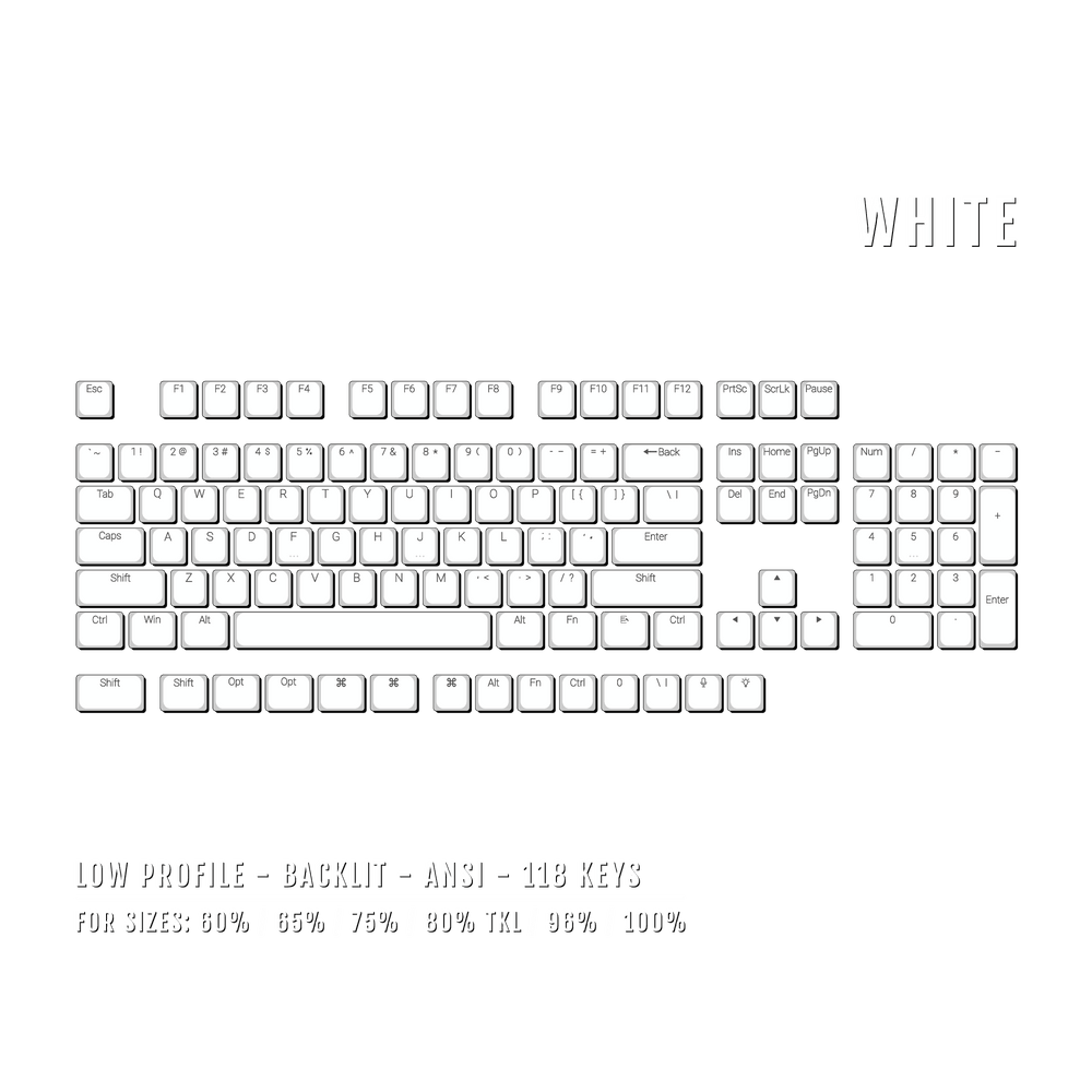 White Low Profile Windows/Mac Backlit PBT Keycaps Krome Keycaps LTD Backlit Low Profile