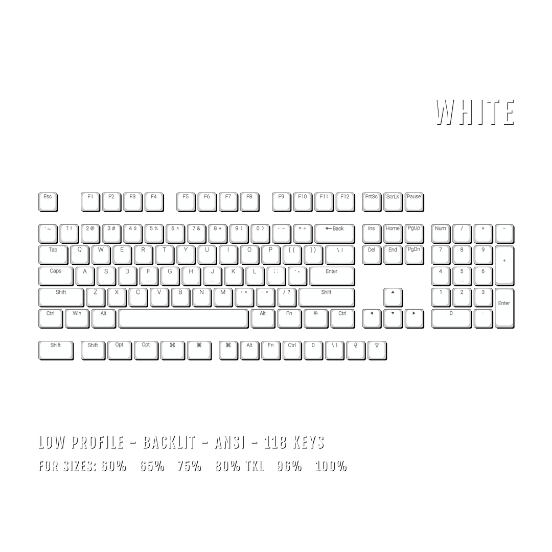 White Low Profile Windows/Mac Backlit PBT Keycaps Krome Keycaps LTD Backlit Low Profile