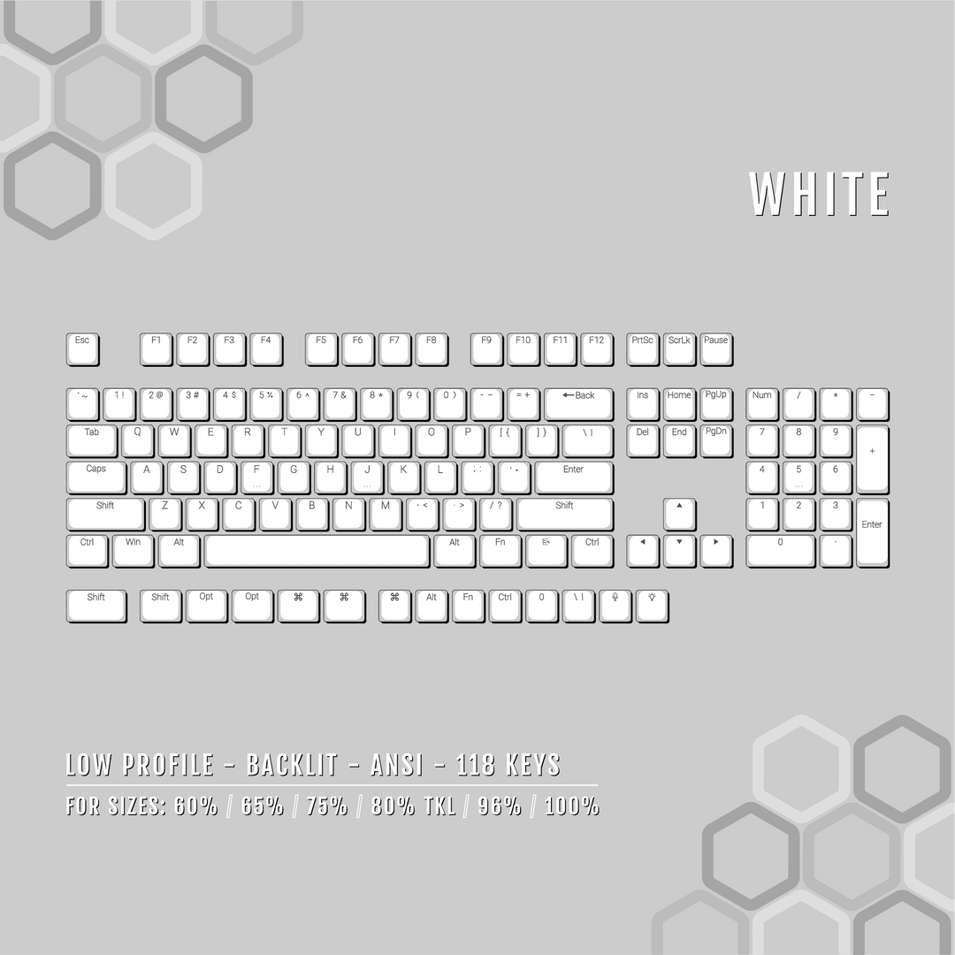 White Low Profile Windows/Mac Backlit PBT Keycaps Krome Keycaps LTD Backlit Low Profile