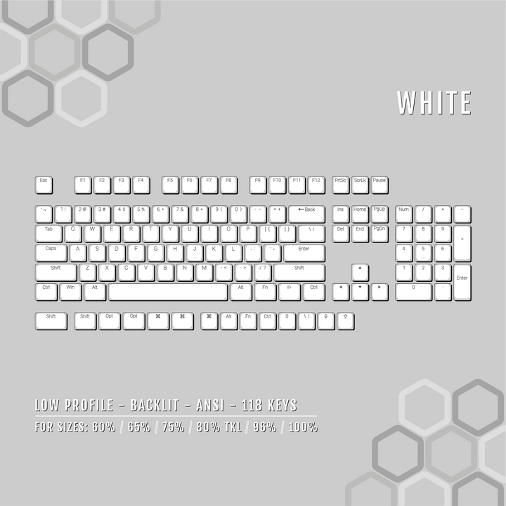 White Low Profile Windows/Mac Backlit PBT Keycaps Krome Keycaps LTD Backlit Low Profile